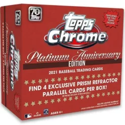 Discount 😉 MLB Topps 2021 Chrome Platinum Anniversary ⚾ Baseball Trading Card MEGA Box [9 Packs, 4 Exclusive Prism Refractor Parallel Cards] 🧨