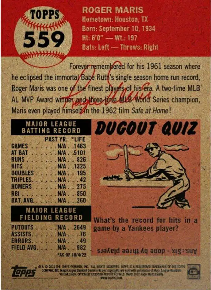 New ๐ฅฐ MLB New York Yankees 2022 Living Set โพ Baseball Roger Maris Trading Card #559 ๐ 2 New ๐ฅฐ MLB New York Yankees 2022 Living Set โพ Baseball Roger Maris Trading Card #559 ๐ - Image 2